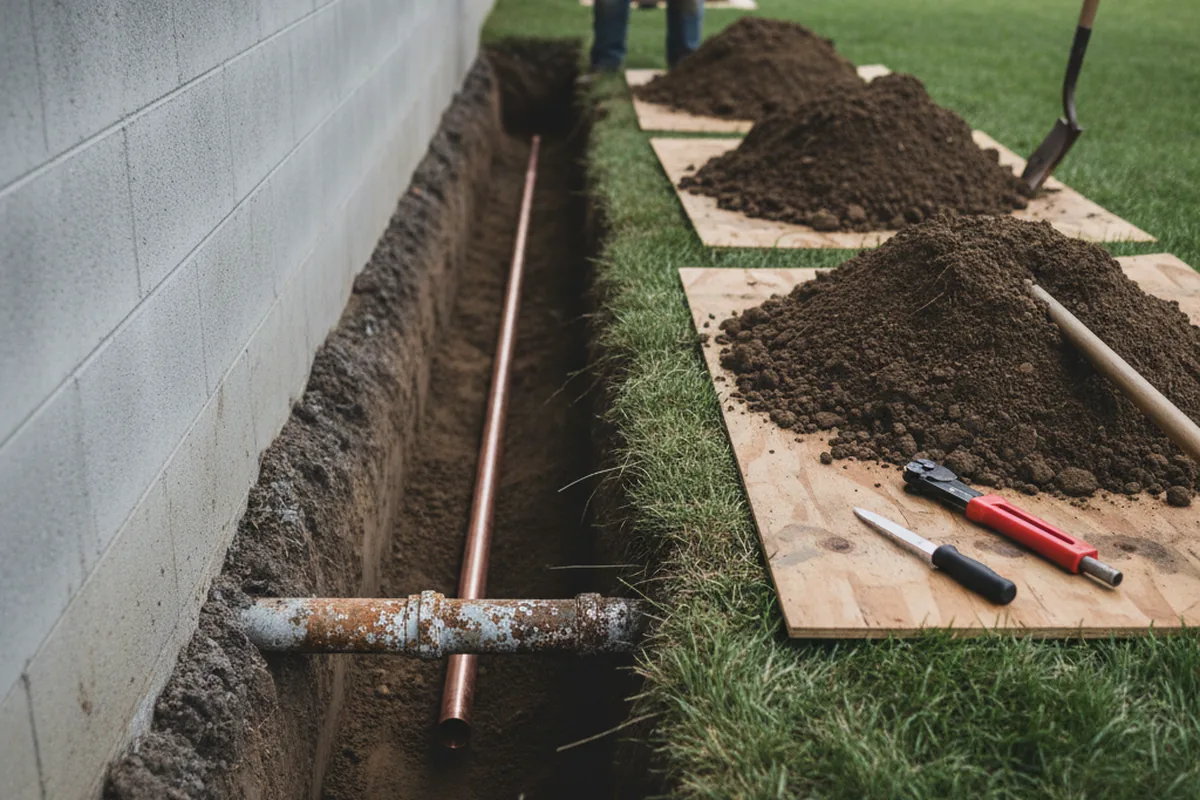 Excavated water line trench during Water Heater Repair in Fleming